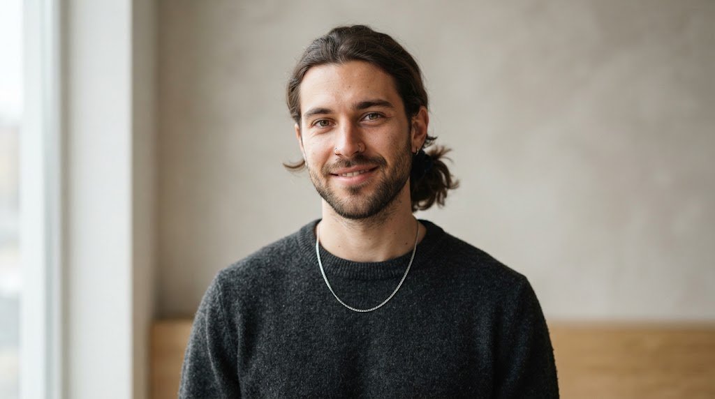 A stylish man with a clean and professional casual low ponytail hairstyle for medium length hair.