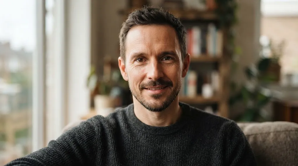 Portrait of a man with a long oblong face shape showing balanced features and a soft jawline