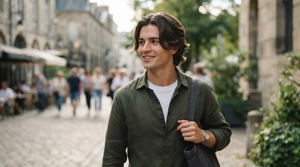 Modern classic curtain haircut for men with middle part and soft face-framing layers