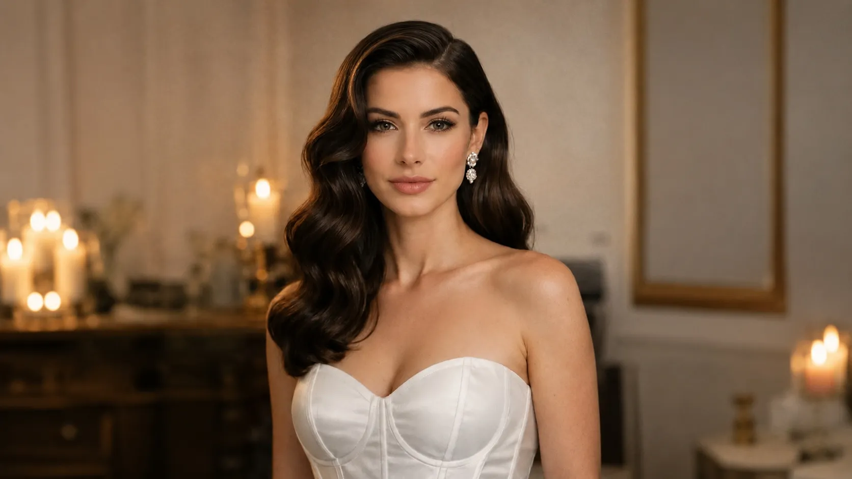 Glamorous woman with classic middle-parted glossy Hollywood waves draped evenly over both shoulders