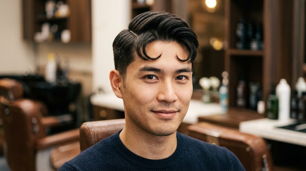 Modern Asian man with a classic comma hair hairstyle showing the distinct C-curve fringe across the forehead