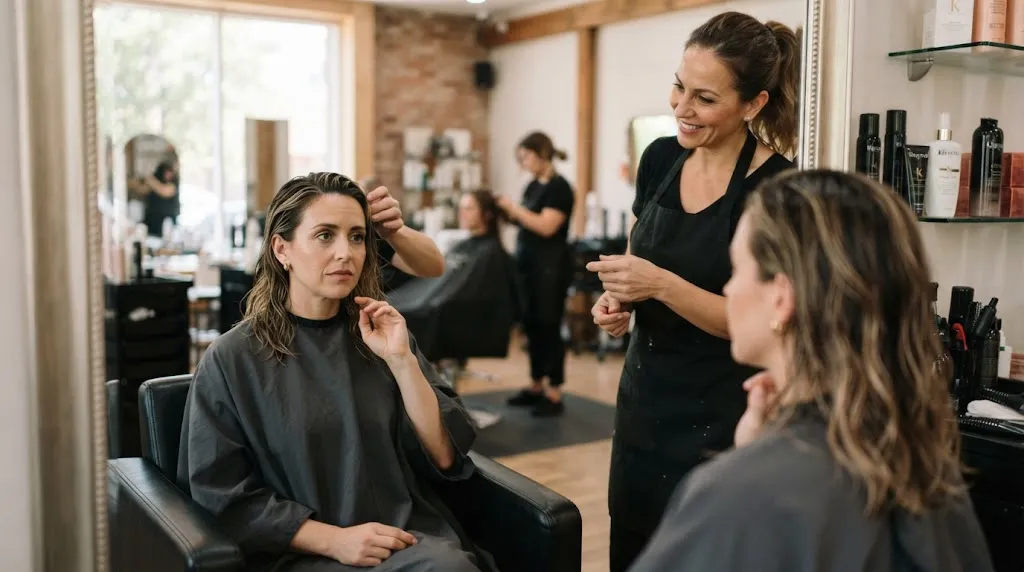 Professional hairstylist consulting with a client in a salon to solve common hairstyle problems like texture and volume issues.