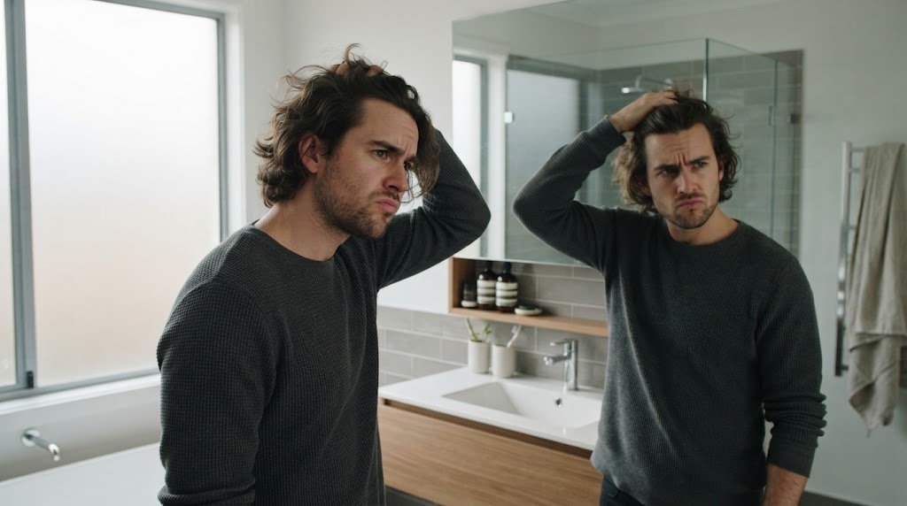 Man looking in mirror struggling to style his medium length hair