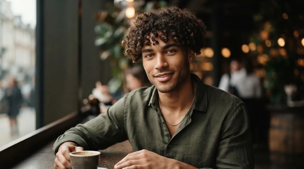 A man with a long face shape and curly hair styled forward with side volume for balance