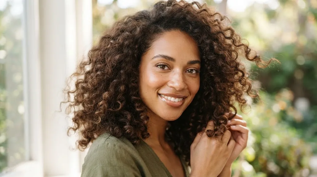 Close-up of beautiful voluminous curly hair with soft movement and proper shaping to avoid a boxy look