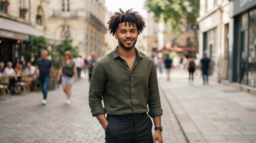 A man with a modern curly haircut featuring a low taper to add side volume and balance an oblong face shape.