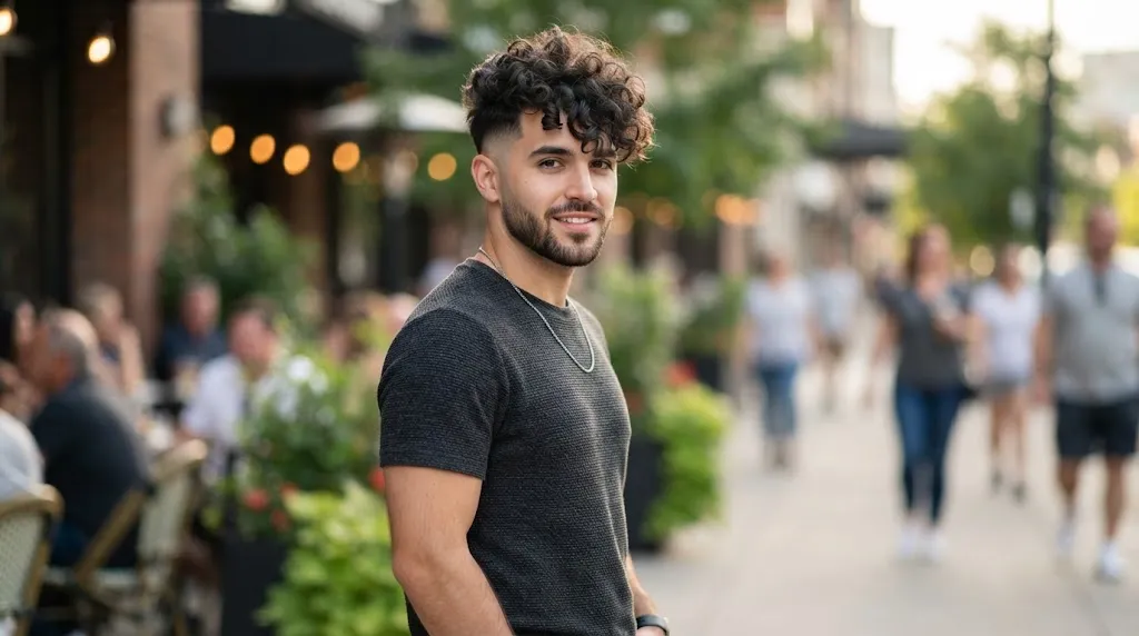 Man with a trendy curly undercut hairstyle showing short faded sides and dense textured curls on top.