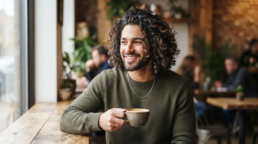 A man showcasing a stylish mixed-texture curly and wavy hairstyle with natural volume and defined hair patterns.