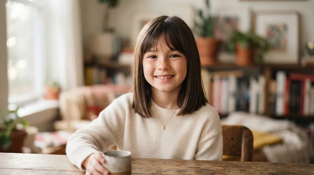 Cute and easy shoulder-length blunt haircut with soft bangs for girls with straight hair