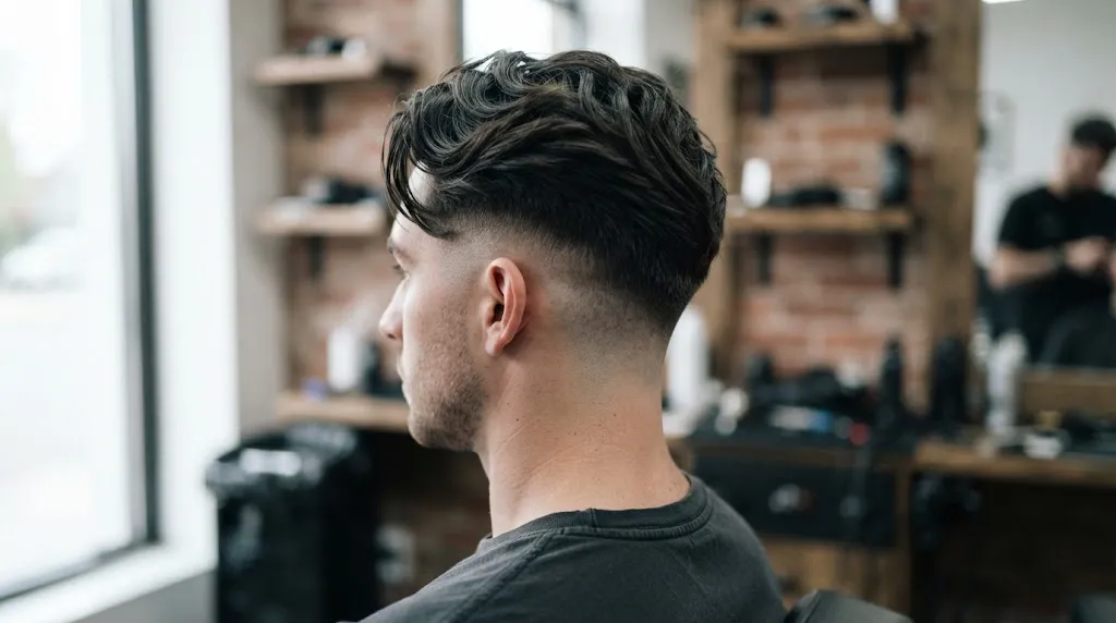 A side-rear view of a men's disconnected undercut hairstyle with sharp contrast between the long top and short buzzed back.