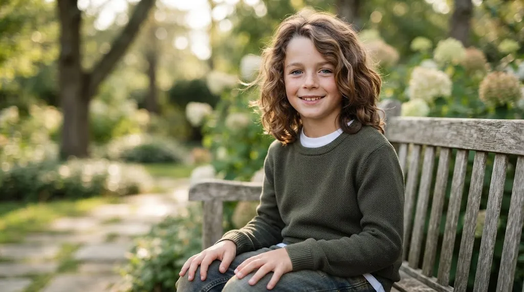 A young boy with a stylish medium-length wavy haircut and natural hair texture standing outdoors