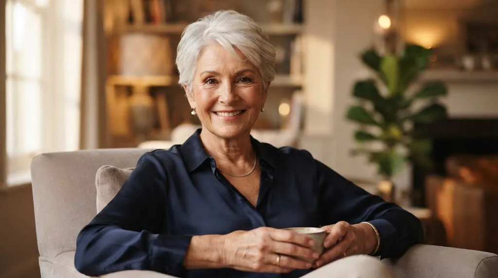 A beautiful, graceful woman in her 70s with a modern, stylish silver-white pixie haircut.