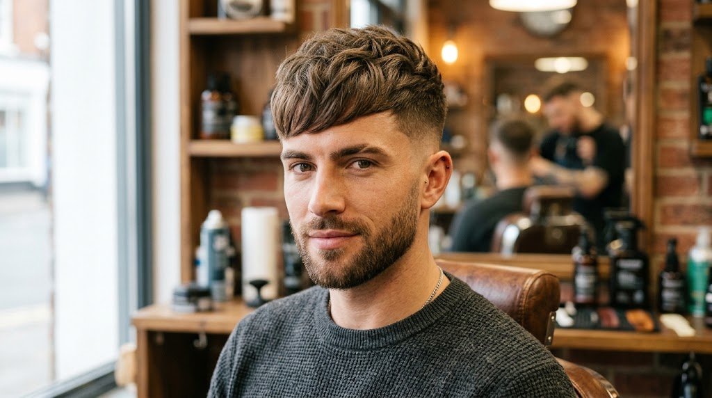 Modern man with an Extended French Crop hairstyle showing textured top hair, forward fringe, and clean faded sides