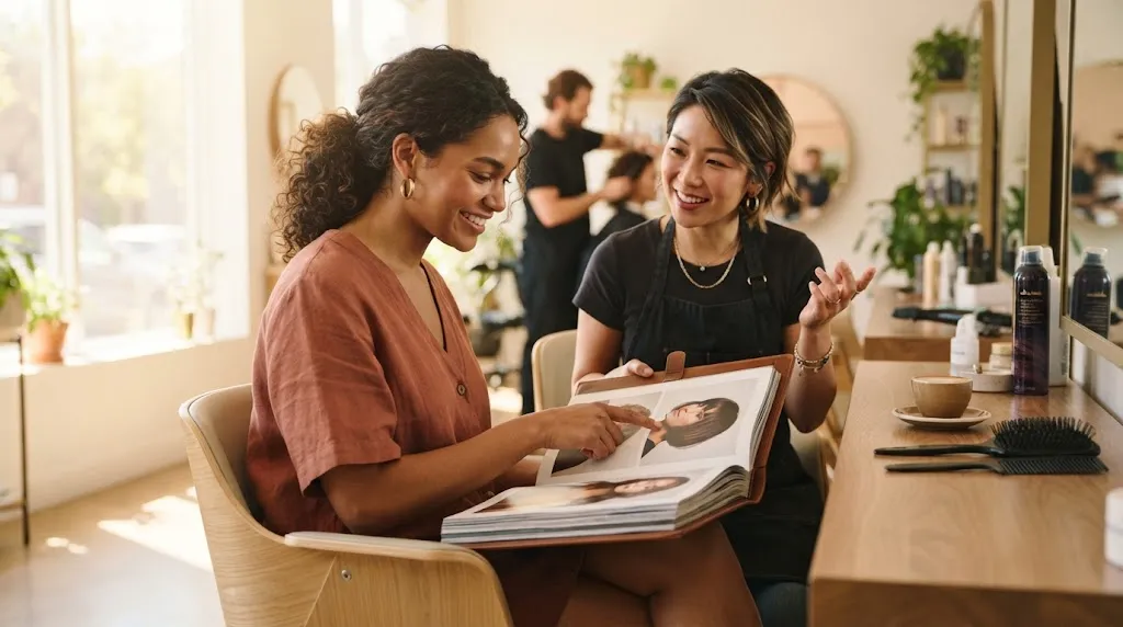 A person sitting in a professional salon looking at hairstyle portfolios to find the right hair cut for their face shape