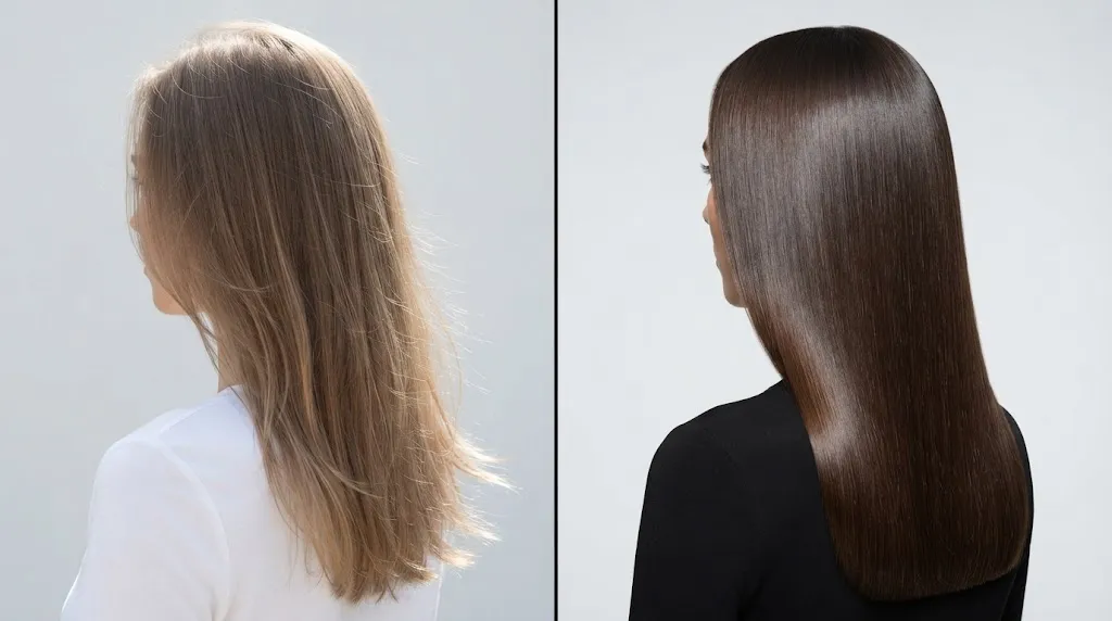 Comparison of fine thin straight hair and thick dense straight hair textures for styling guidance