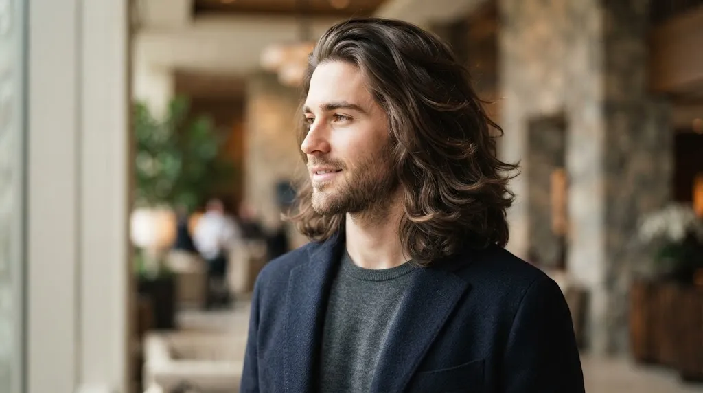 Professional man with a flow back hairstyle showing length and natural movement over the shoulders.