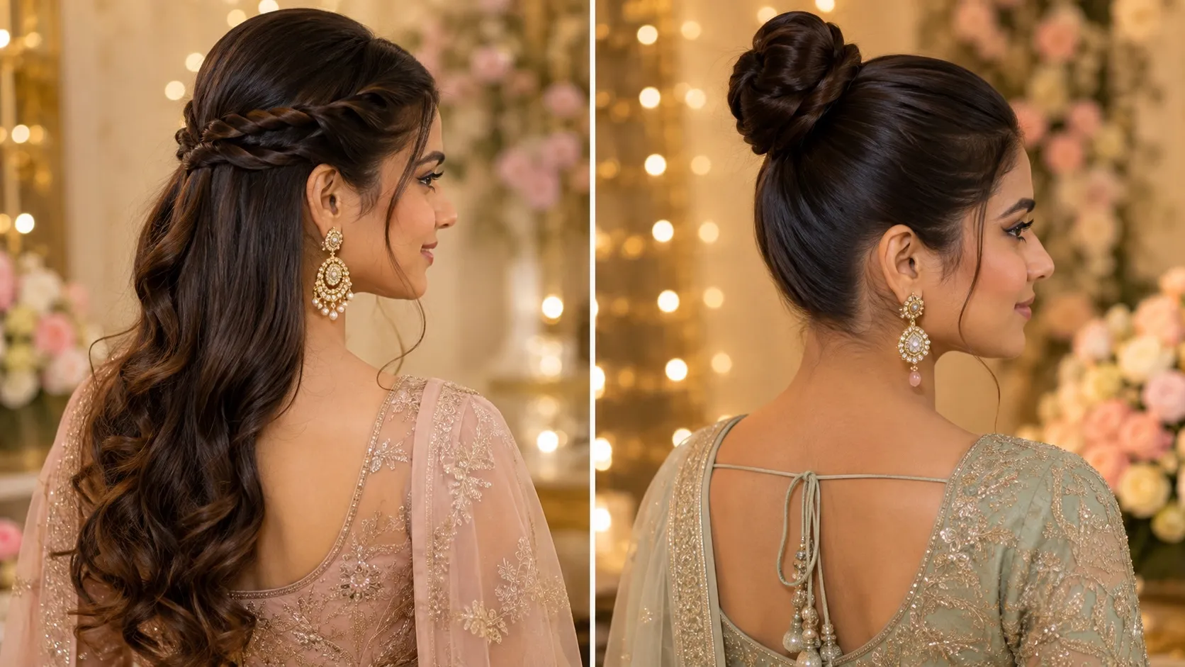 Elegant woman wearing a sleek low bun embellished with fresh white gajra flowers for a wedding function
