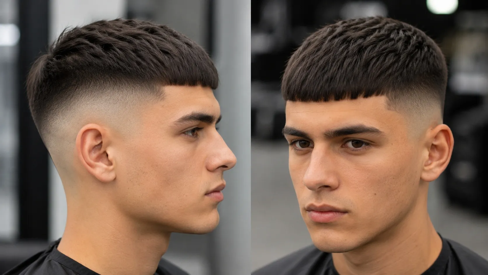 A man with a French crop fade haircut featuring a tight skin fade on the sides and a blunt straight fringe styled forward with matte pomade