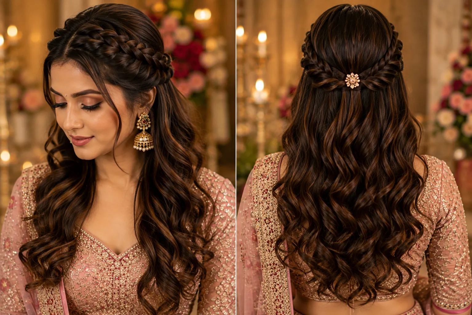 Half-up party hairstyle featuring a prominent front Dutch braid along the crown fading into soft cascading curls