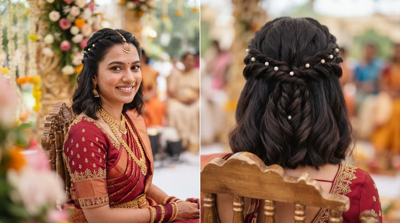 Short hair styled in a front-twisted half-up look decorated with pearl hair studs for a party