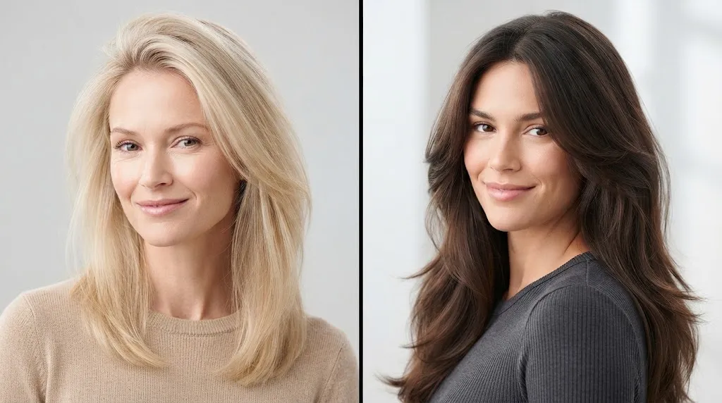 Split screen comparison of fine thin hair with volume and thick dense hair with layered texture for styling inspiration