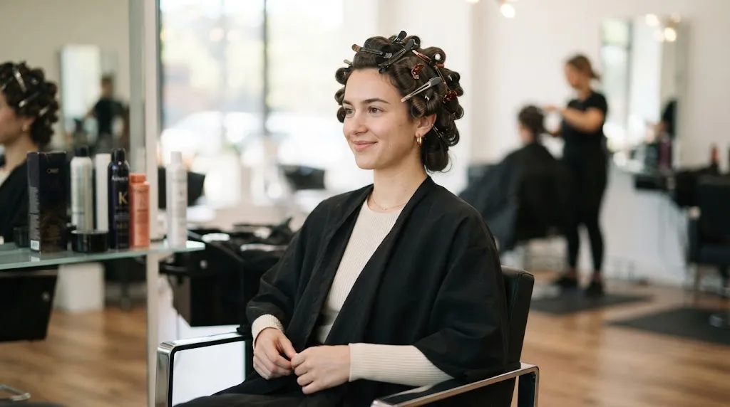 "Person with professional hair clips in their hair patiently letting curls cool down to set the style"