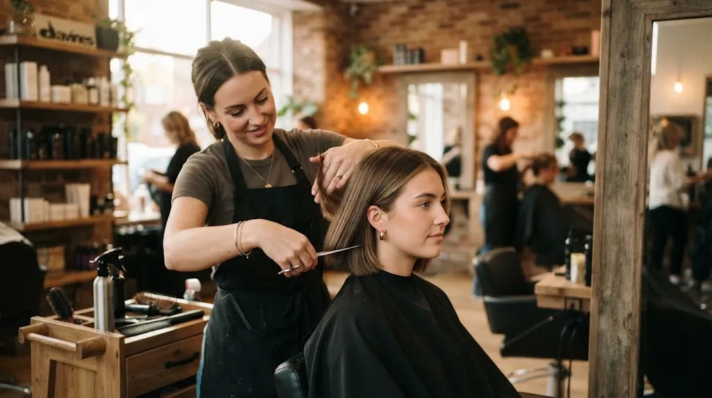 Professional hairstylist shaping hair into a beautiful medium-length cut in a modern salon.