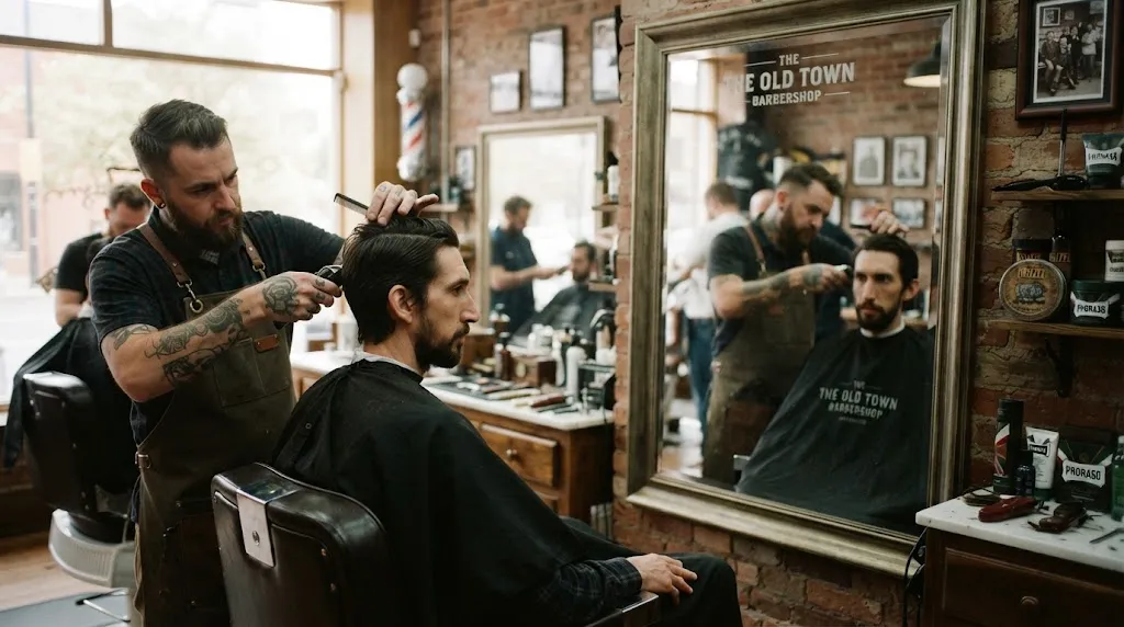Man in a barbershop getting a haircut that avoids adding height to a long face shape to maintain facial balance.