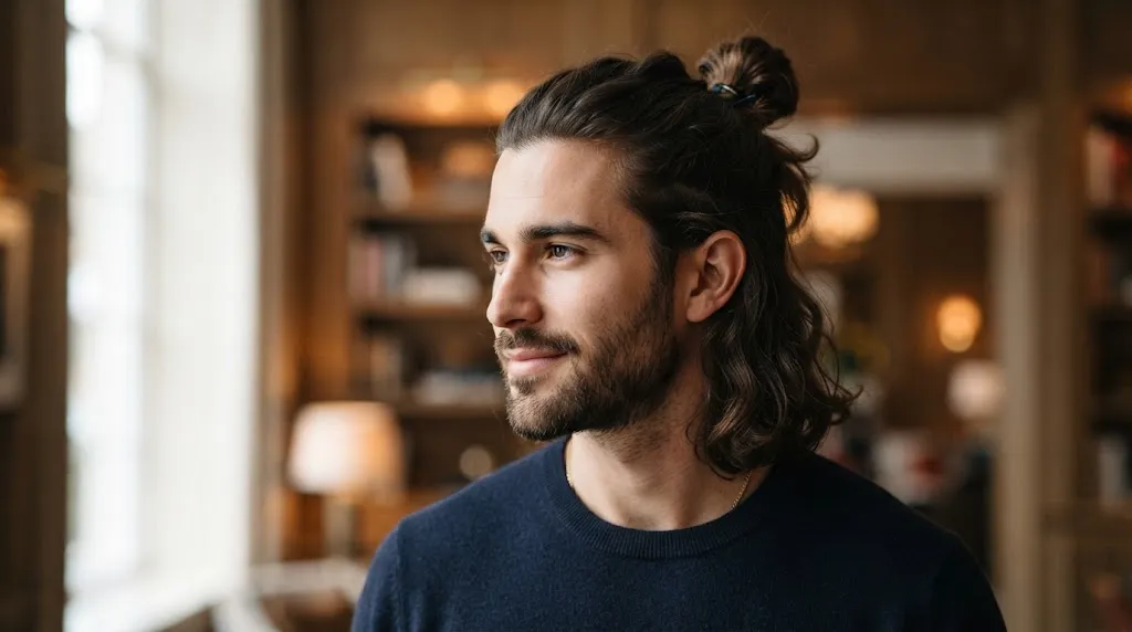 Man with a stylish half-up man bun hairstyle and medium-length hair
