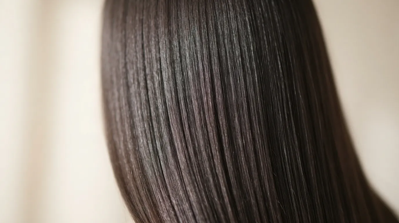 Close-up of healthy, shiny straight hair strands showing smooth texture and light reflection