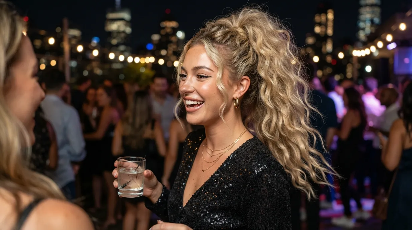 Sleek high ponytail with voluminous curled length and wrapped hair base for a glam party look