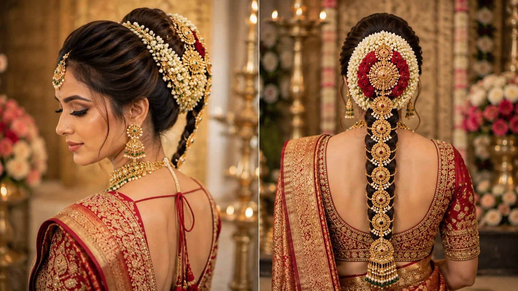 High voluminous bridal bun encircled with elaborate floral poola jada arrangements and gold hair ornaments