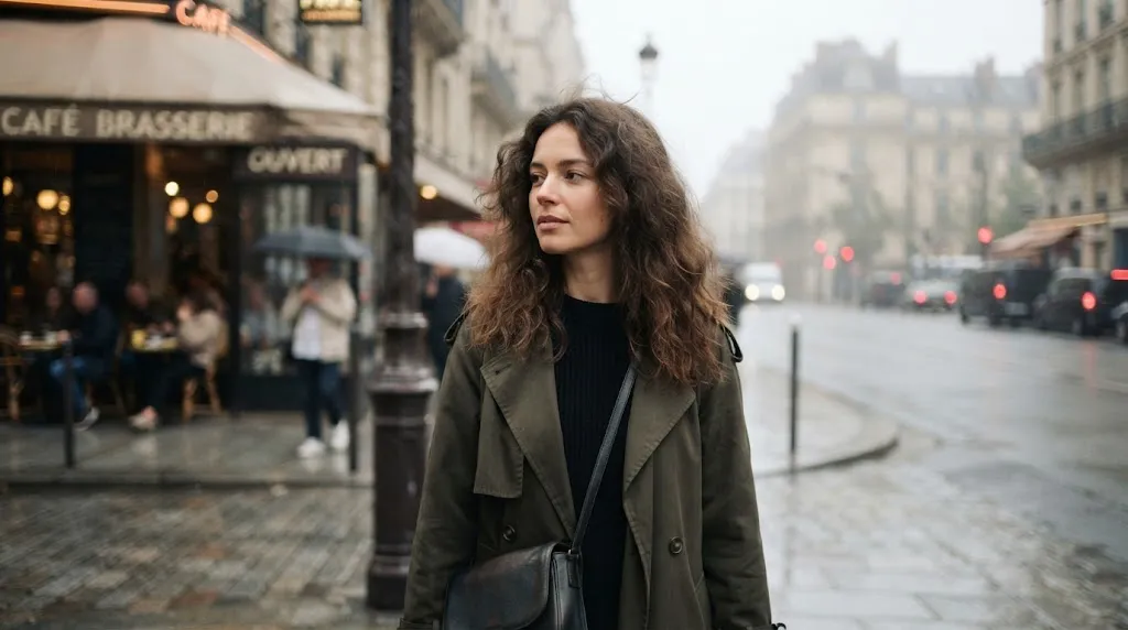 "Person with frizzy hair texture standing in a humid, misty outdoor environment representing the impact of environmental factors on hair setting."