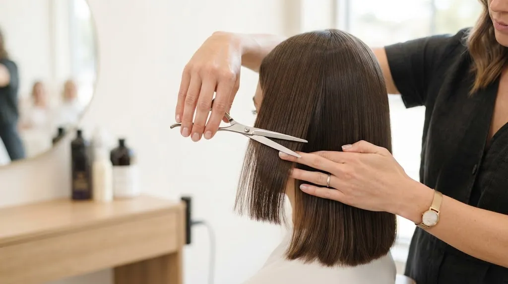 Professional hairstylist performing a precision trim on healthy, shiny, straight hair in a modern salon.