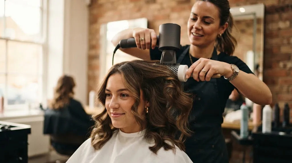 Professional hairstylist blow-drying shoulder-length hair with a round brush to create natural volume and bouncy waves.