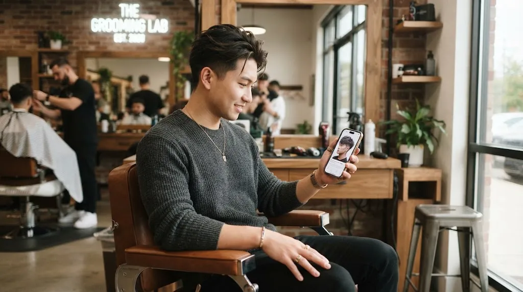 A young man in a modern salon looking at a smartphone reference photo to choose a Korean hairstyle