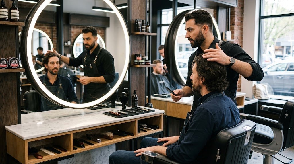 A man with an oblong face shape consulting with a barber in a modern salon to choose the right hairstyle.