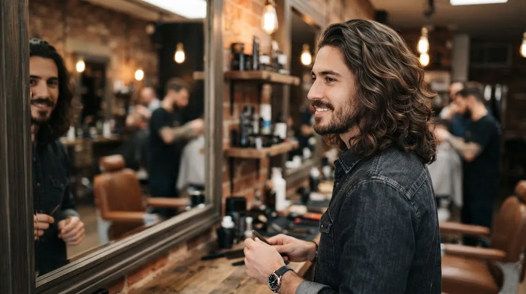 Handsome man with long wavy hair style consulting with a barber in a modern shop to find the best cut
