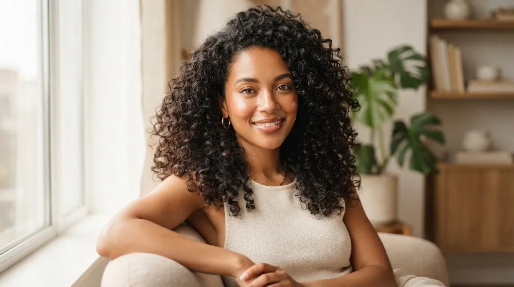 Woman with healthy, defined, and frizz-free natural curly hair in soft lighting