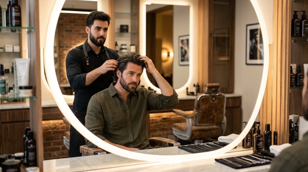 A stylish man sitting in a modern barbershop mirror consulting with a barber to determine if a medium length hairstyle suits his face shape and hair type