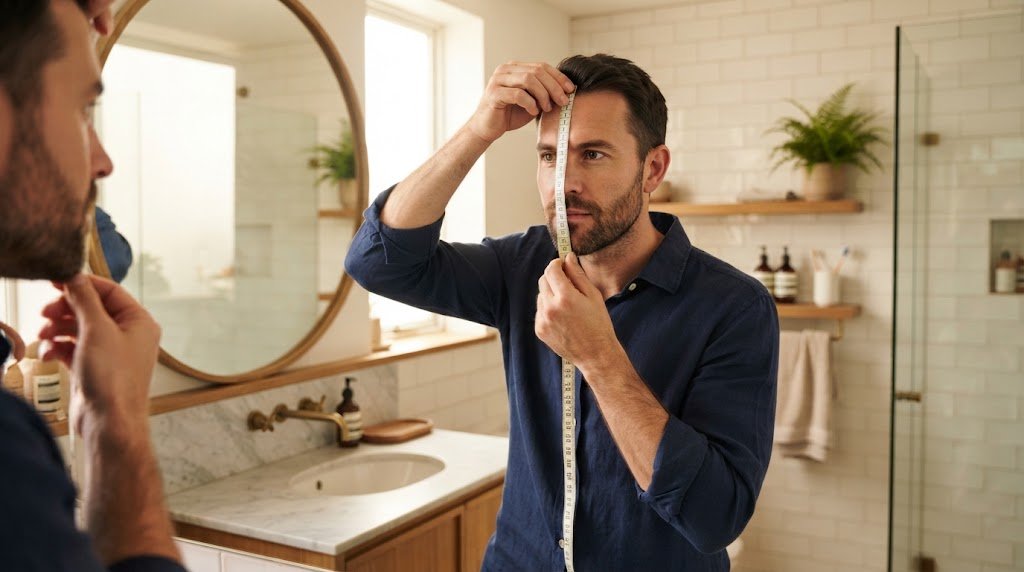 Man using a measuring tape in front of a mirror to check if he has a long face shape at home