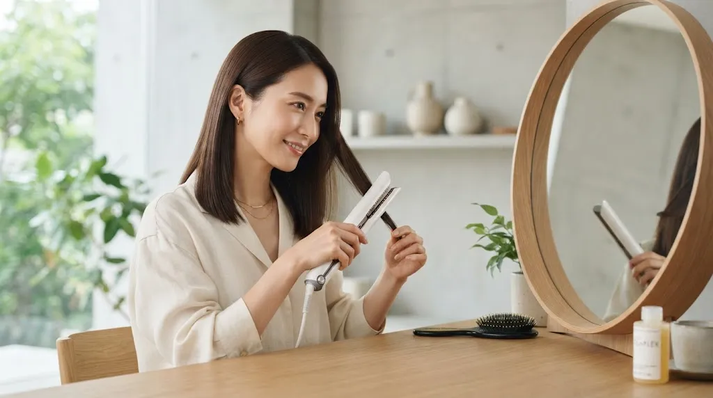 A woman with sleek, healthy straight hair undergoing a professional step-by-step styling routine in a bright, modern studio.