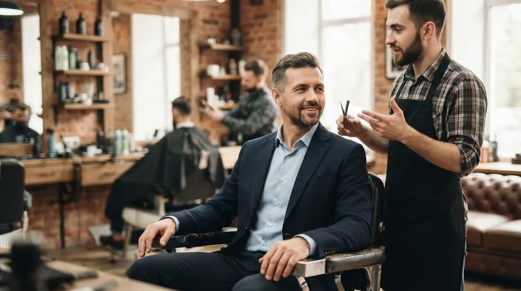 A man having a professional and clear consultation with his barber about his hairstyle.