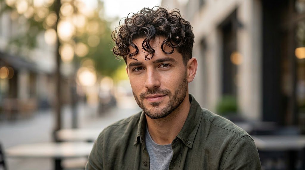 Man with a hydrated curly fringe hairstyle featuring shiny defined curls falling over the forehead and trimmed sides