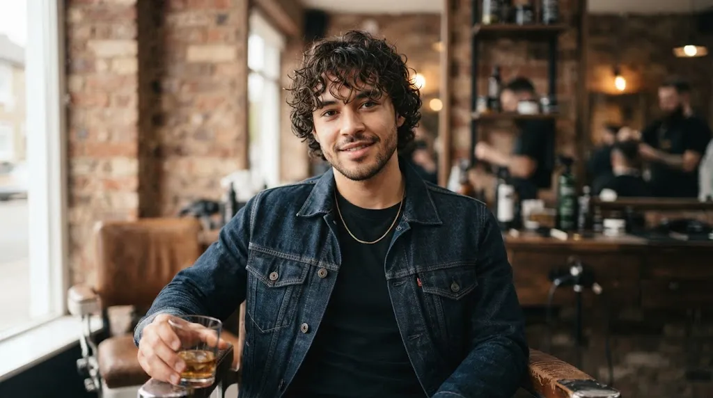 Stylish man with a hydrated curly fringe haircut, medium-length textured curls falling naturally over the forehead in a modern salon.