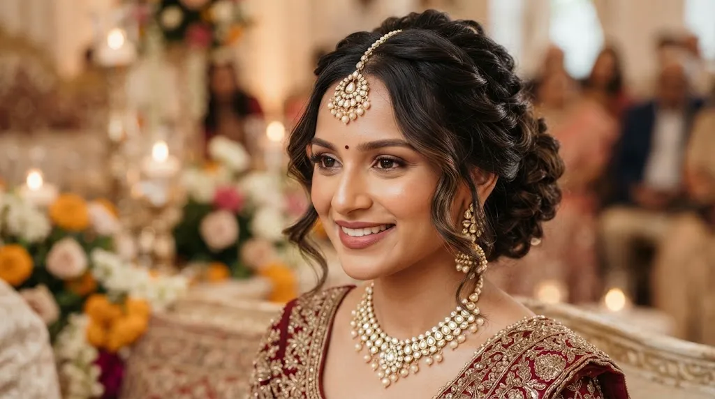 Elegant Indian bridal front hairstyle featuring soft face-framing tendrils and a traditional maang tikka for long hair.