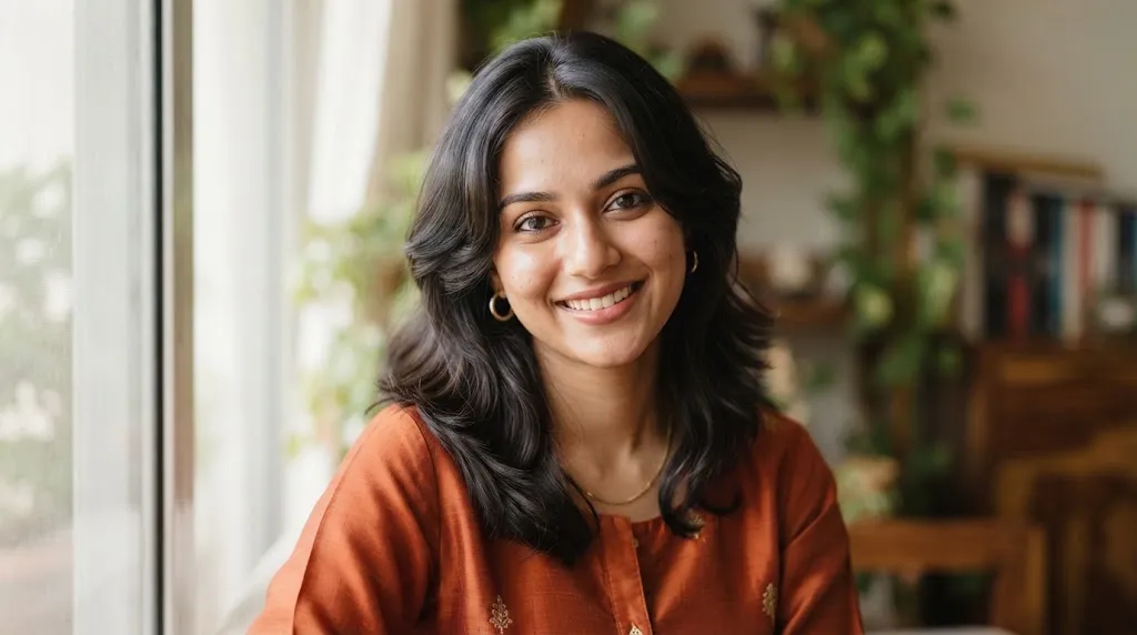 A beautiful Indian woman showcasing face-framing layers and curtain bangs tailored for an oval face shape