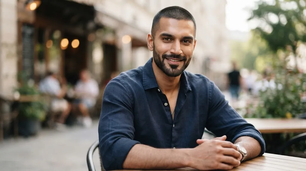 Handsome Indian man with a stylish buzz cut and well-groomed beard highlighting sharp jawline and enhanced facial features