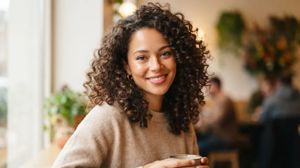 Close-up portrait of a person with beautifully defined curly hair and face-framing layers tailored for textured Indian hair