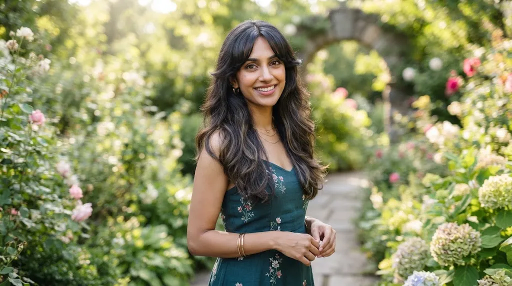 A beautiful Indian woman with a long face shape styled with curtain bangs and soft front layers to balance facial proportions.